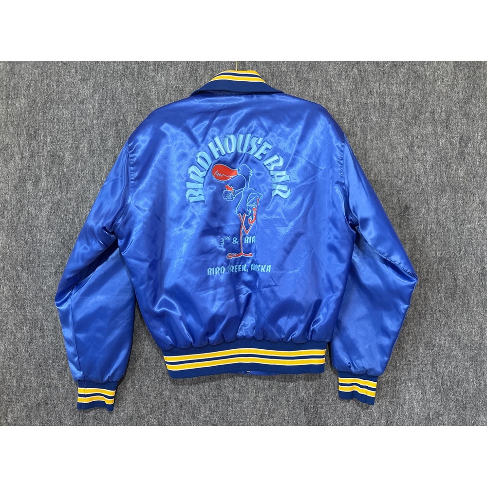 Vintage West Wind Satin Bomber Jacket Blue Bird House Bar Alaska Mens Medium USA